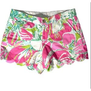 Women's LILLY PULITZER Pink‎ Green The Buttercup Scalloped Hem 5" Shorts size 2
